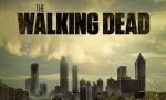 Panou publicitar pentru serialul „The Walking Dead”, lângă un magazin de pompe funebre