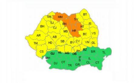 Cod Galben de ploi şi vijelii în 28 de judeţe şi Portocaliu în alte şase