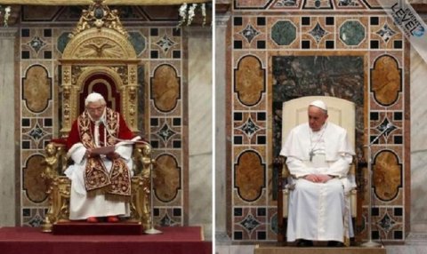 Deosebirea uriaşă dintre Benedict şi Francisc, în această imagine. Câte diferenţe poţi găsi între cei doi papi?