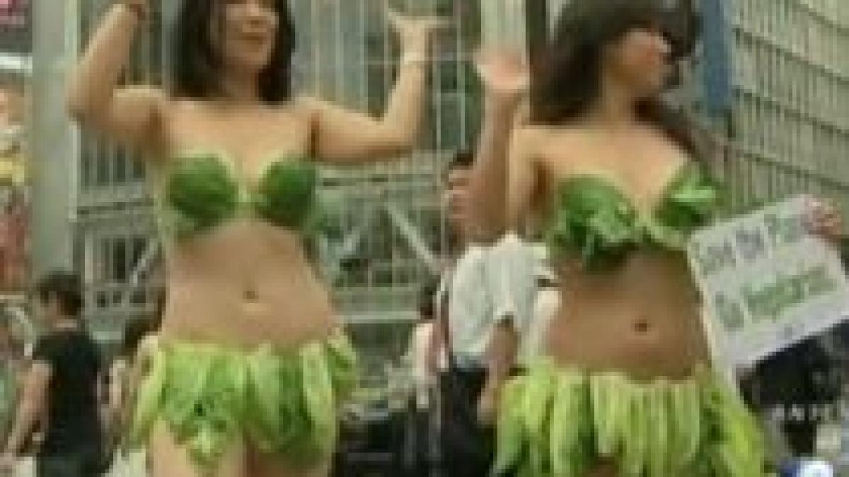 trei japoneze au protestat in tokyo imbracate doar in frunze de salata video