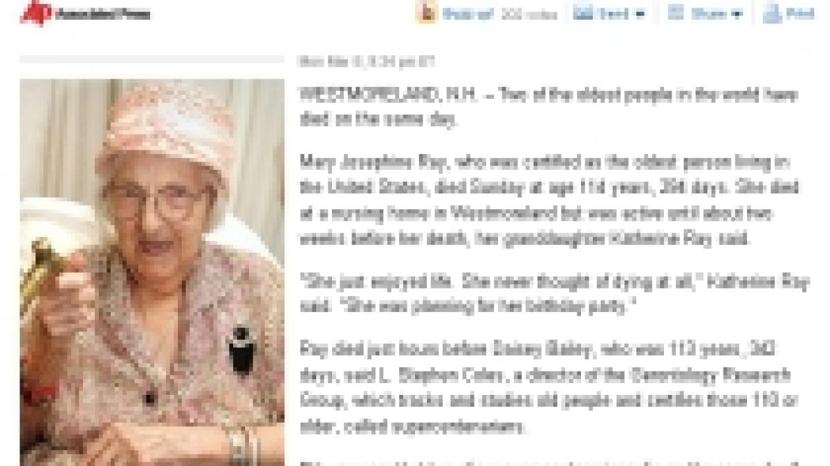 doua dintre cele mai batrane persoane din sua au murit in aceeasi zi