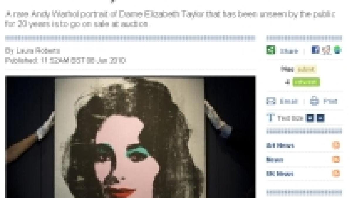 un portret al actritei elisabeth taylor realizat de andy warhol va fi scos la licitatie