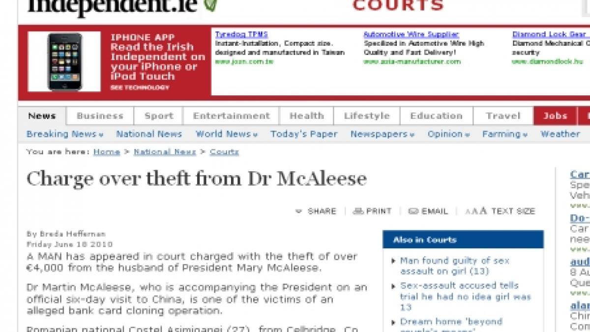 un roman a furat 4 250 de euro din conturile sotului presedintei irlandei