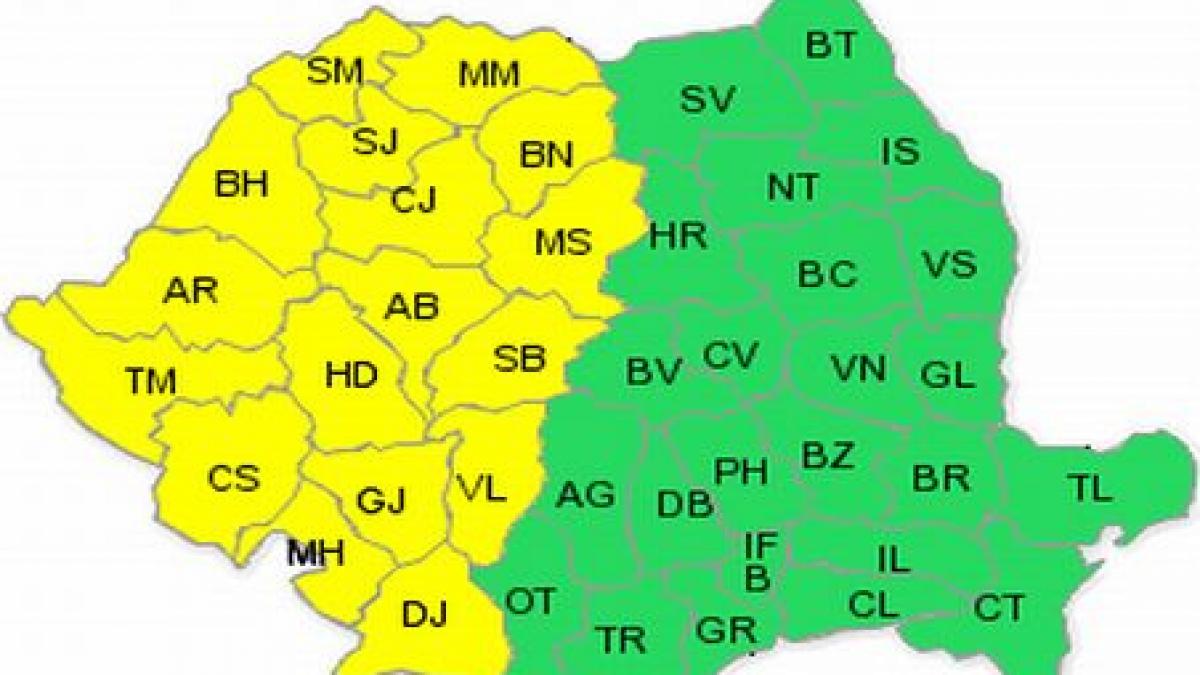 atentionare cod galben de ploi si vijelii pentru jumatatea de vest a tarii