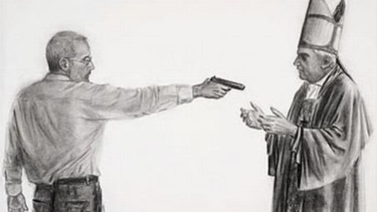 papa bush si ahmadinejad cu arma la tampla intr o expozitie din brazilia foto