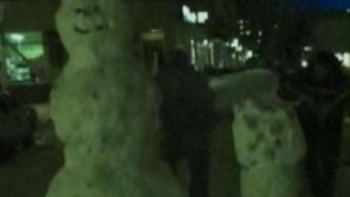 Taxă de 1 leu pentru fotografierea cu oamenii de zăpadă Băsescu şi Boc