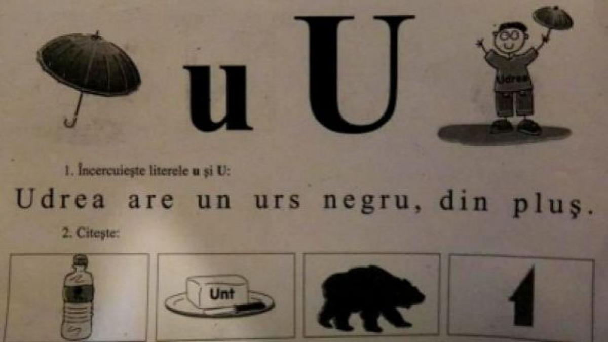 Udrea are un urs negru, din pluş, în manualul şcolarilor din clasa I 