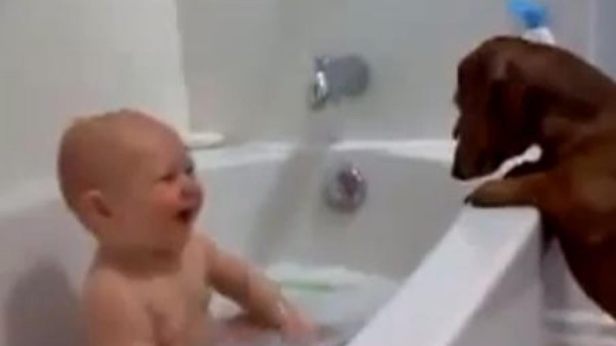 cel mai simpatic bebelus face baie razand in hohote