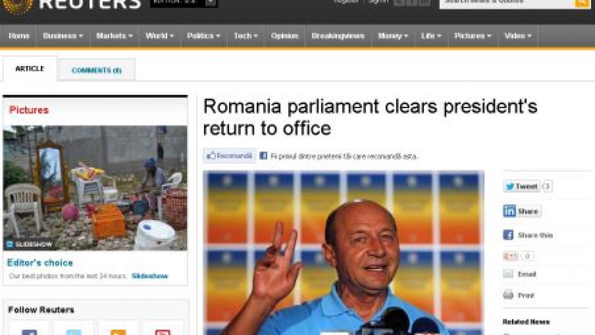 cum este vazuta revenirea lui basescu la cotroceni in presa internationala