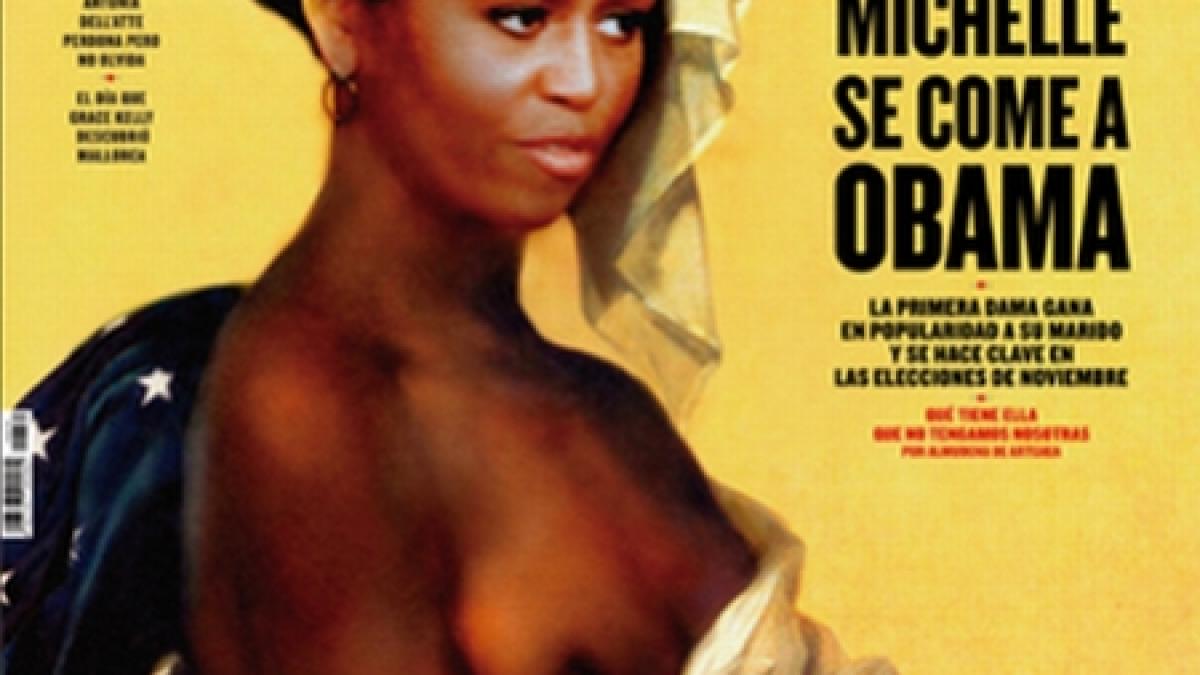 prima doamna a sua o sclava cu sanul dezgolit pe coperta unei reviste spaniole