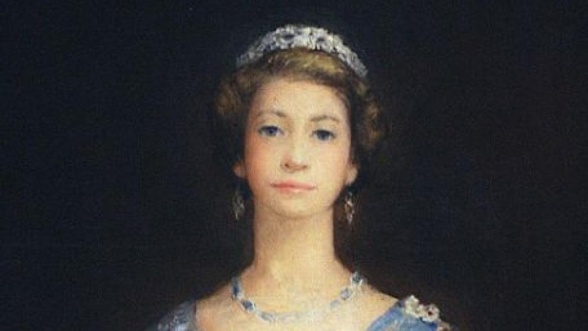 un portret al reginei elisabeta a ii a in care aceasta are gatul prea lung expus la liverpool