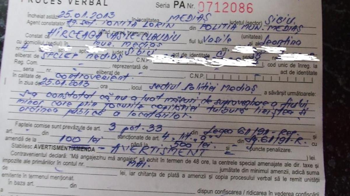 Motivul de necrezut pentru care o familie din Mediaş a fost amendată. Iată procesul verbal întocmit de poliţist