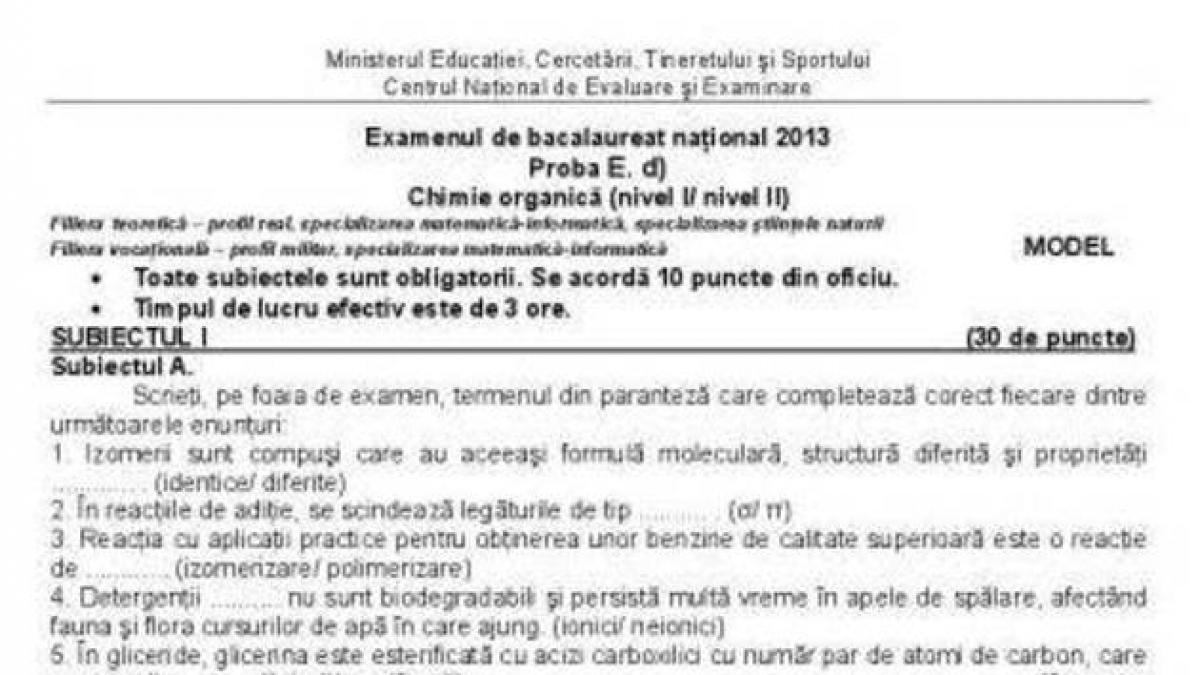 bacalaureat 2013 vezi subiectele si baremul propuse pentru chimie