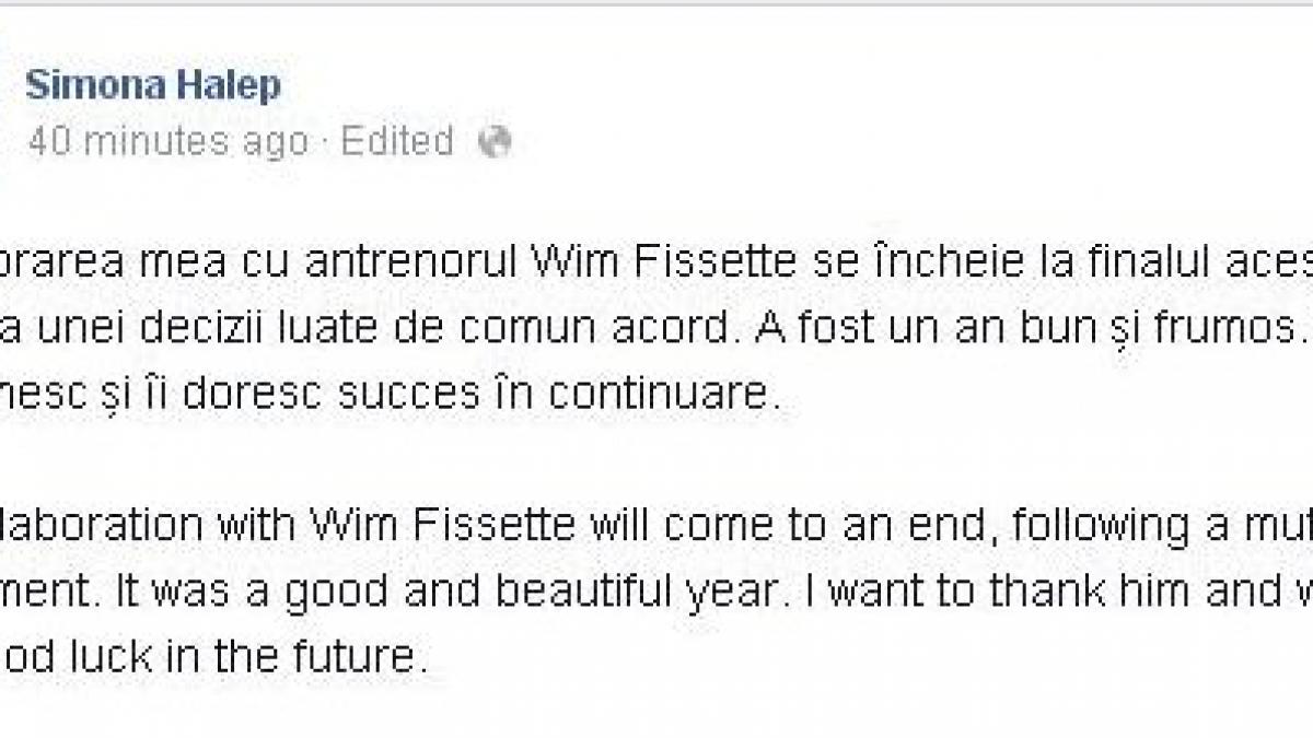 simona halep a incheiat colaborarea cu antrenorul wim fissette