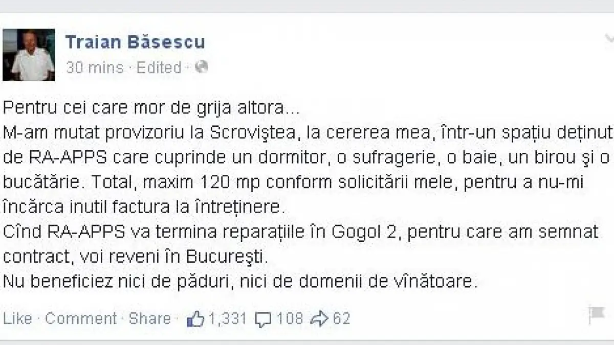 traian basescu recunoaste ca s a mutat la scrovistea locuieste in 120 de metri patrati pentru a nu