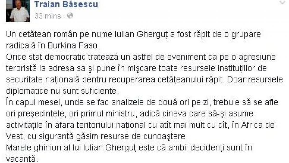 basescu atac la iohannis si ponta in cazul romanului rapit in burkina faso