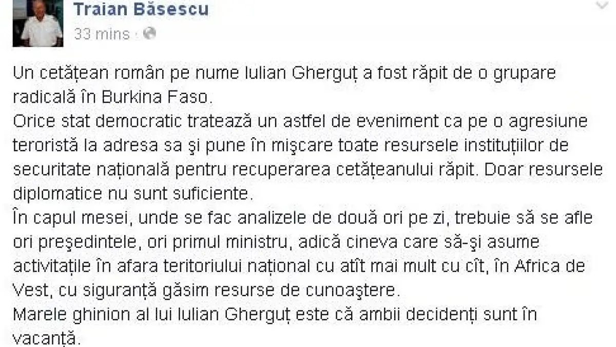 basescu atac la iohannis si ponta in cazul romanului rapit in burkina faso