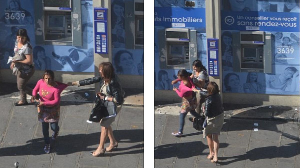 momentul socant in care o femeie este jefuita langa un bancomat din paris de doua femei de etnie