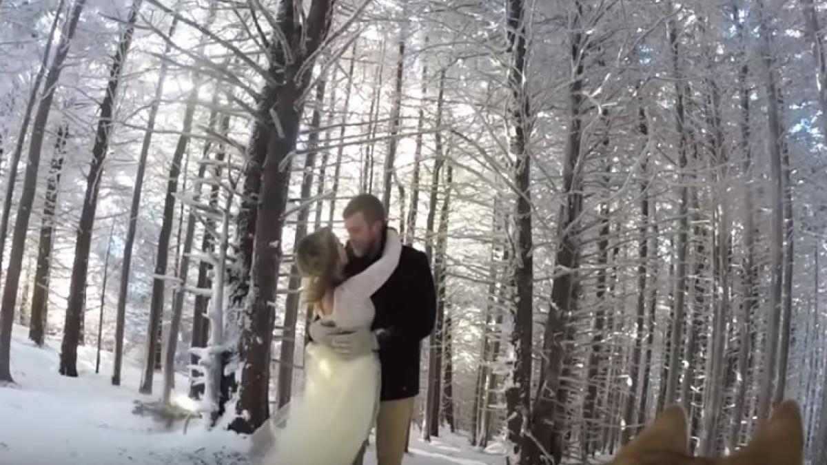 un cuplu si a angajat cainele sa le filmeze nunta video