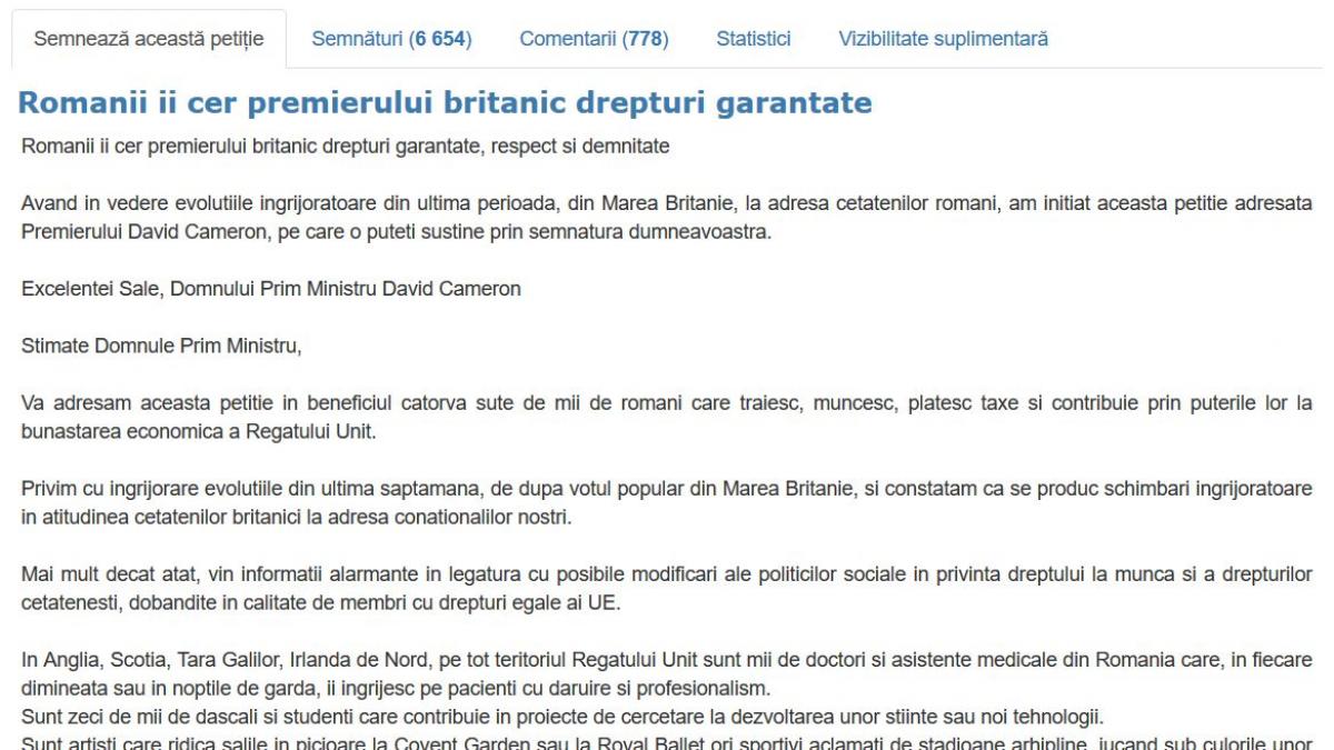 petitie antena 3 romanii ii cer premierului britanic drepturi garantate respect si demnitate