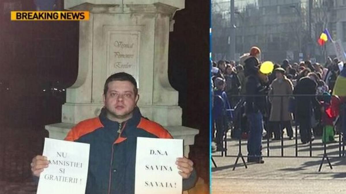 singurul protestatar din orasul vrancean odobesti sustinut de un grup de tineri de la bucuresti
