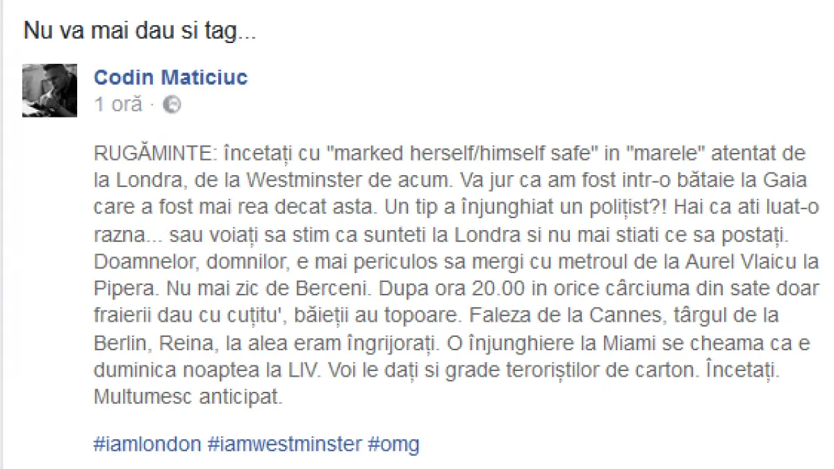 codin maticiuc postare oribila dupa atacul terorist de la londra e mai periculos mersul cu metroul