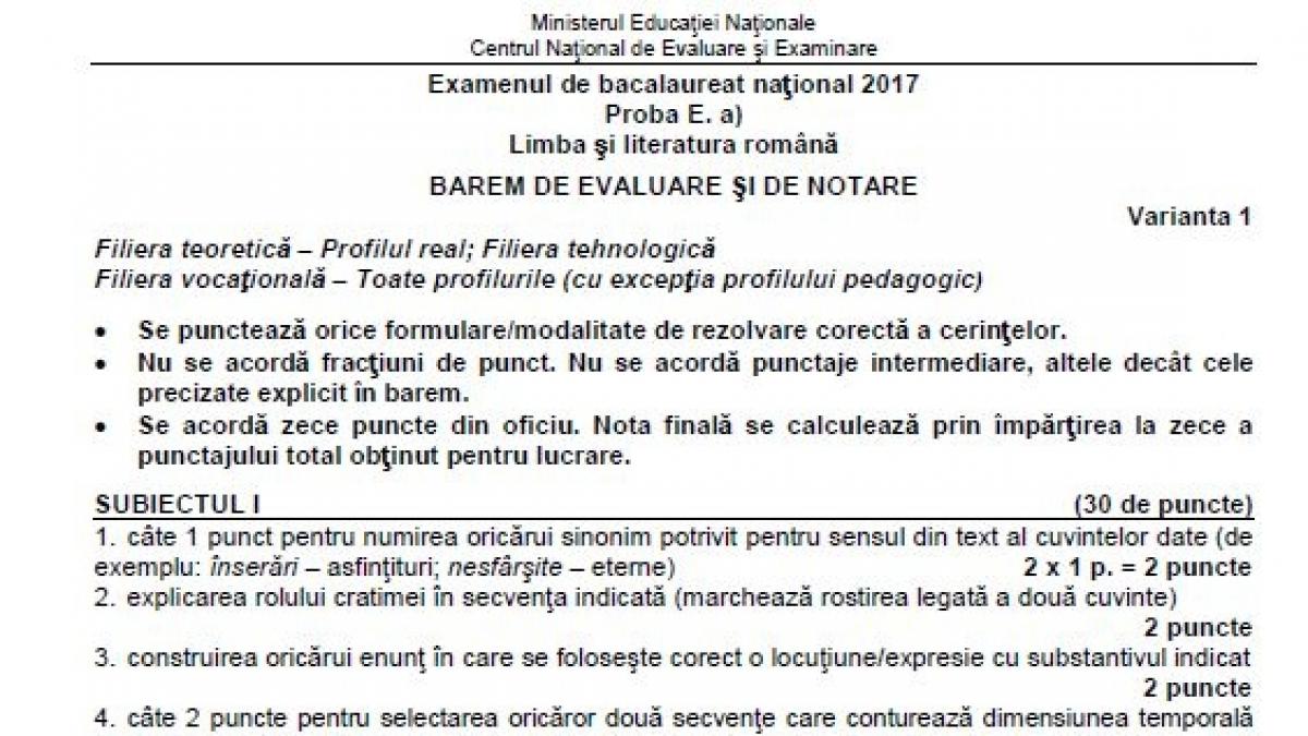 Edu Ro A Publicat Baremul De Corectare La Limba RomanÄ Cum Se Rezolvau Subiectele La Bacalaureat 2017 Foto