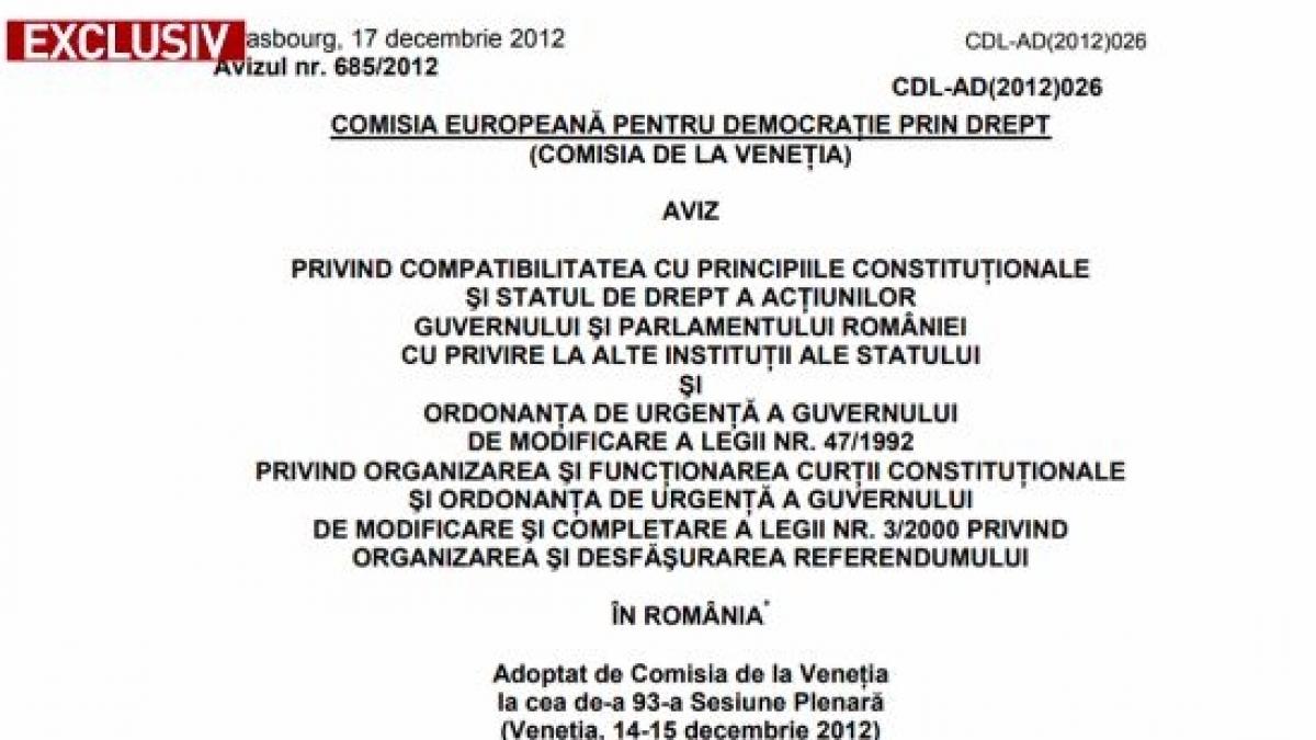 document bomba in premiera nationala ce spunea comisia de la venetia in 2012 cu privire la