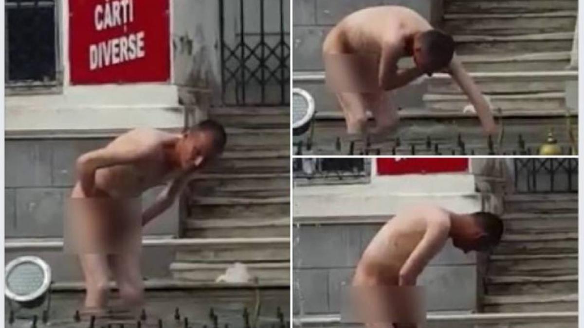 un domn gol pusca a decis sa faca baie in fantana din centrul pitestiului in fata primariei