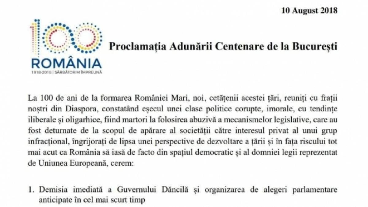 proclamatia adunarii centenare de la bucuresti cerintele protestatarilor