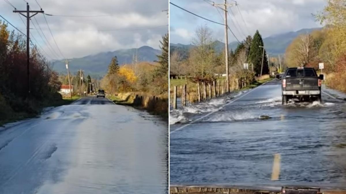 moment inedit ce au surprins soferii care traversau o portiune de sosea acoperita de apa video