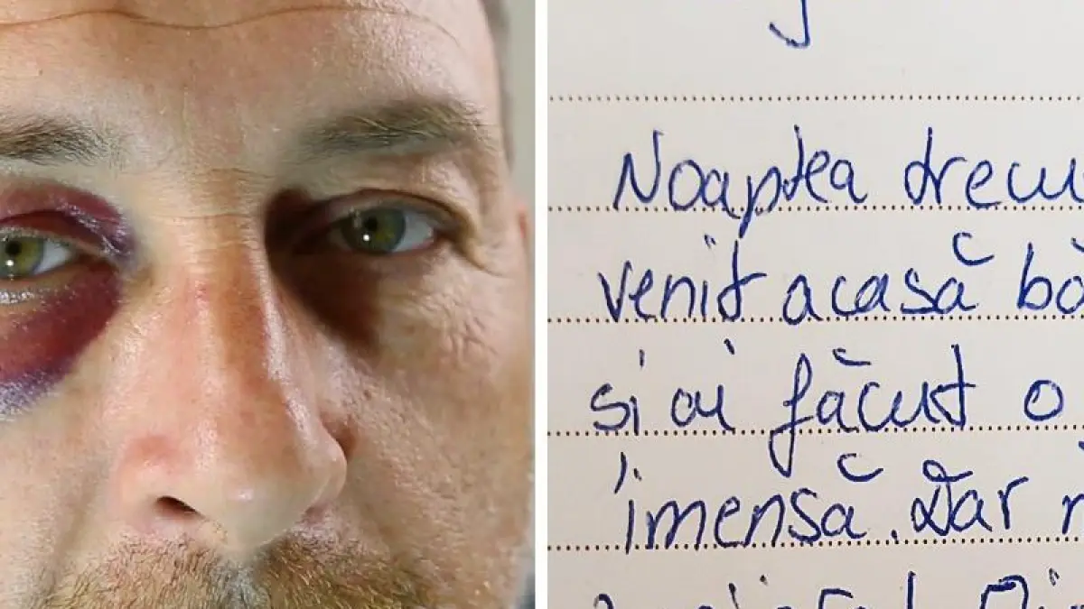 sotul se trezeste mahmur si cu un ochi vanat apoi gaseste un bilet ciudat de la sotie si incepe sa