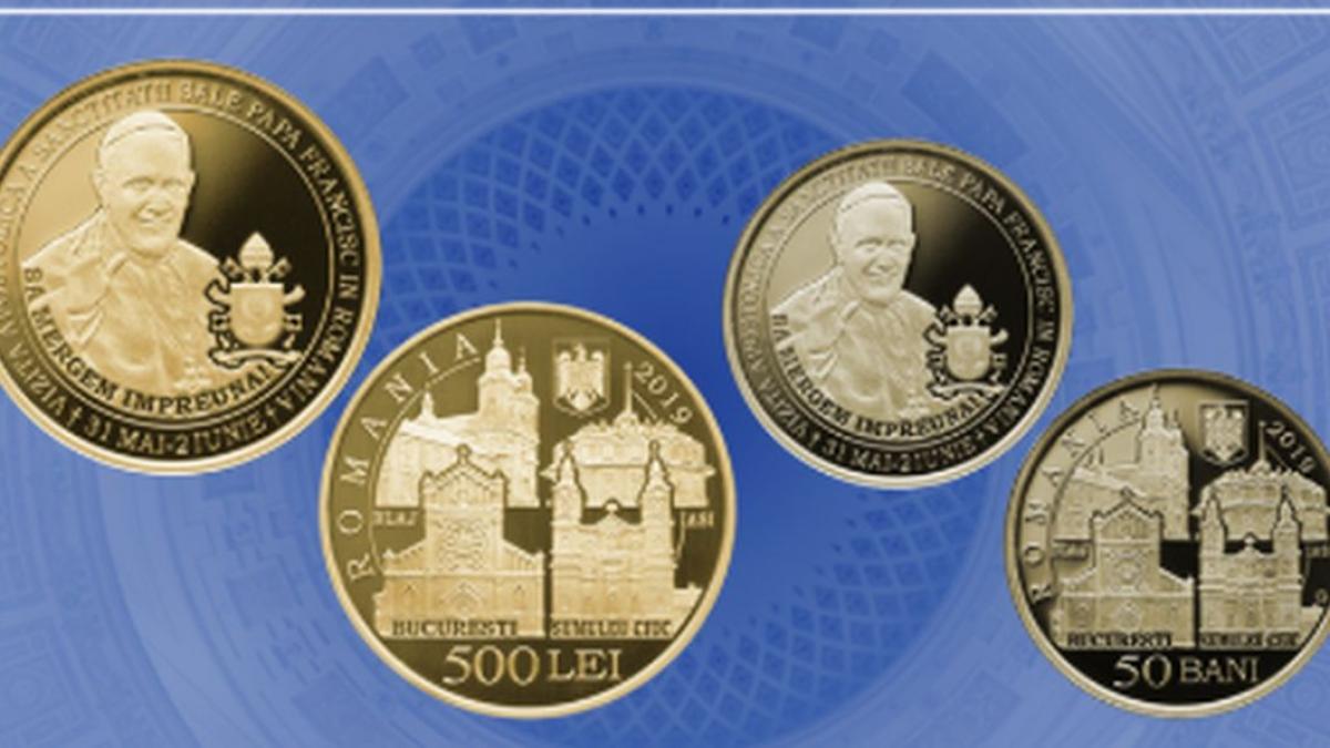 banca nationala a romaniei a lansat o serie de monede din aur si alama cu ocazia vizitei papei