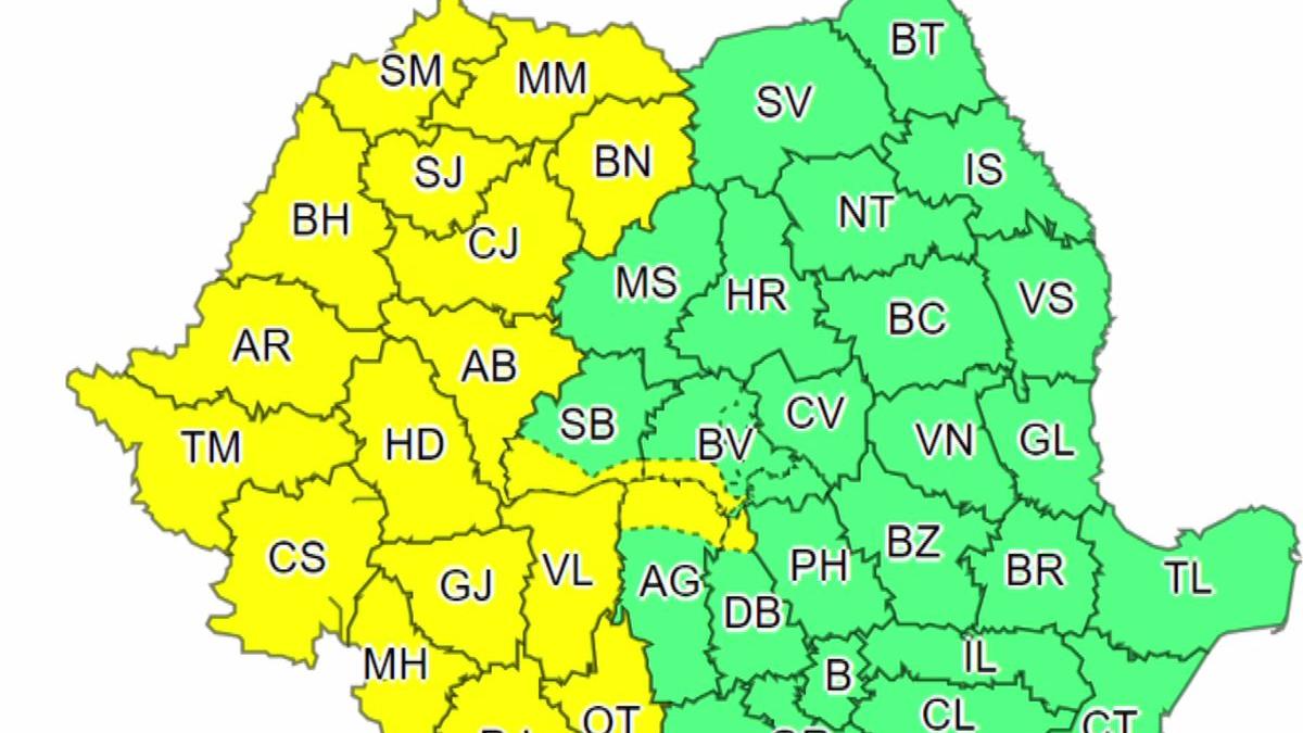 avertizare meteo cod galben de ploi si vijelii in 20 de judete ale tarii