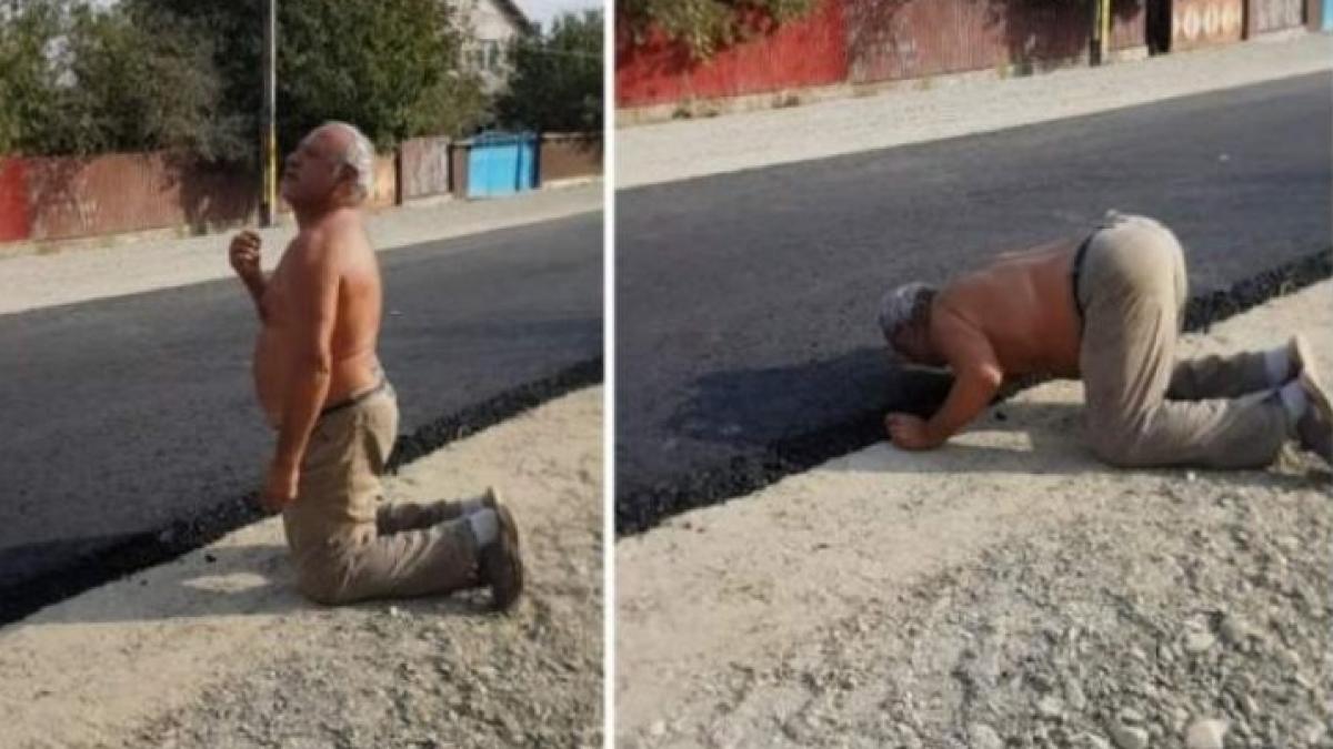 imagini halucinante surprinse pe o strada din judetul bacau barbatul s a asezat in genunchi si a