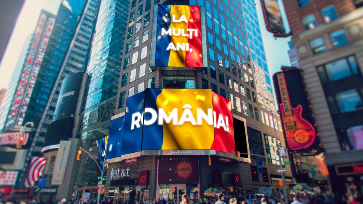aparitie spectaculoasa in new york tricolorul romaniei afisat in times square foto si video