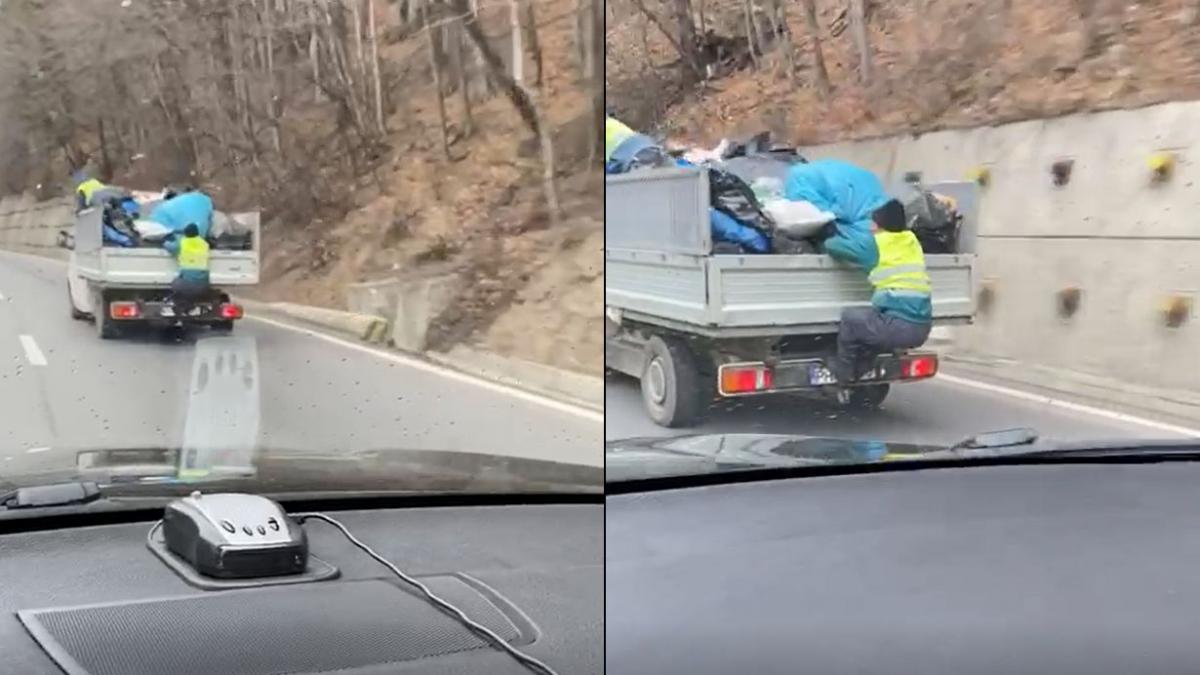 aparitie surprinzatoare in trafic un barbat sta agatat de remorca unui camion incarcat cu gunoaie