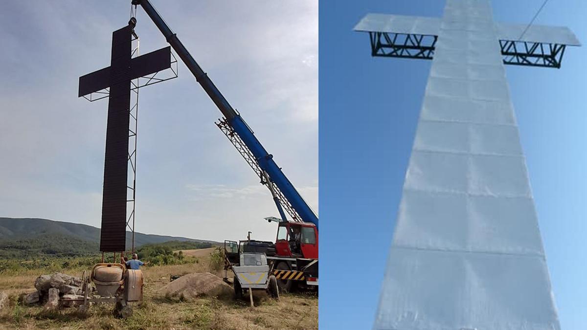 un preot din satu mare a ridicat in sat o cruce uriasa inalta cat un bloc cu patru etaje