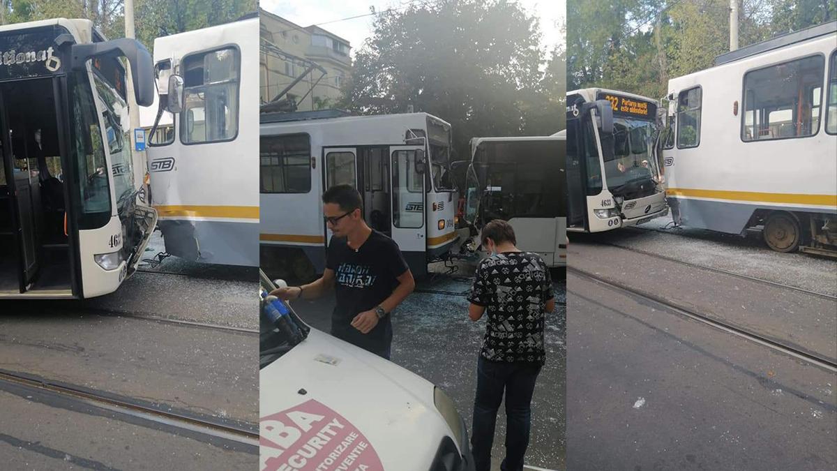 soferul unui autobuz a intrat in plin intr un tramvai in bucuresti geamuri sparte si zeci de