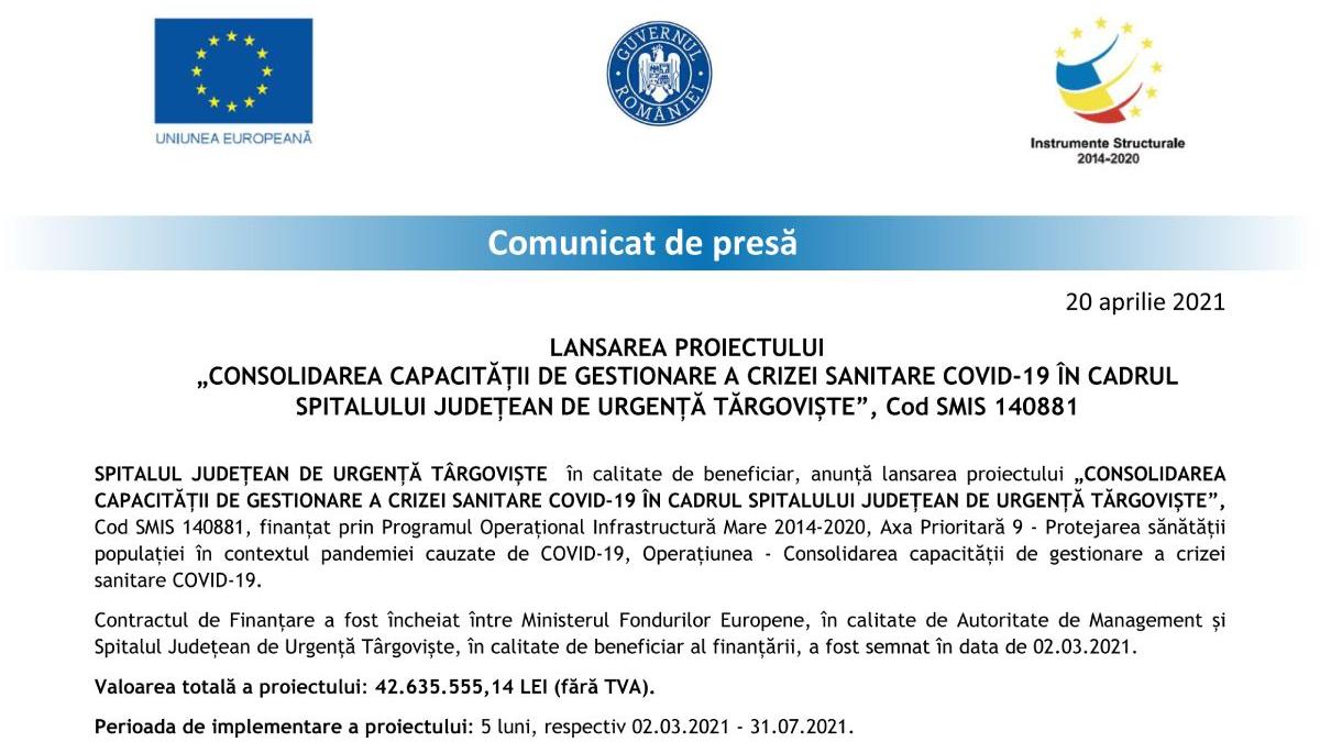 consolidare capacitate gestionare criza sanitara covid spitalul judetean de urgenta targoviste