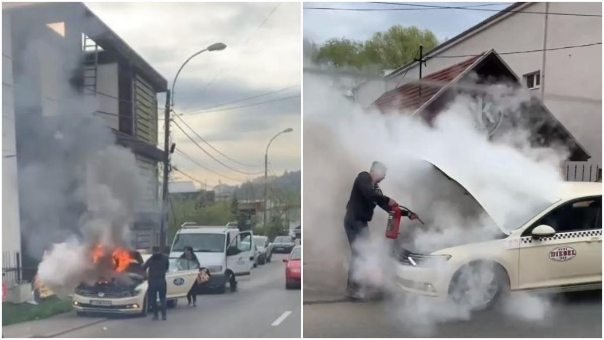 taxi cluj flacari uriase incendiu masina