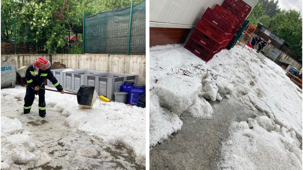 Horezu arată ca iarna, în mijlocul verii. Grindină ridicată cu lopata din curţile oamenilor