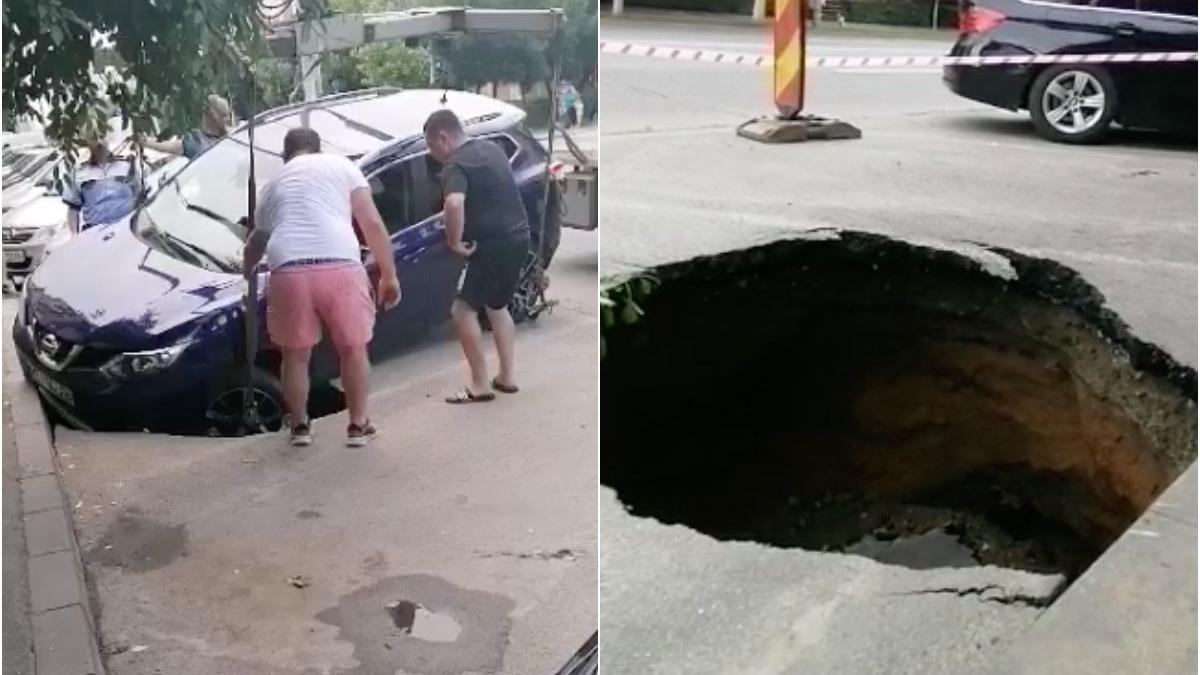 soferita masina crater asfaltul bulevard craiova surpat