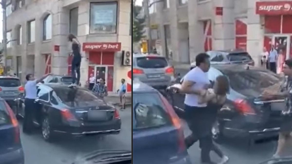 femeie urcata pe o masina lux semafor bucuresti