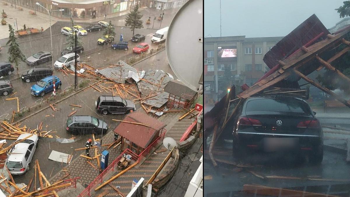 ploile si vantul puternic au facut prapad la bihor un acoperis s a prabusit pe masinile din parcare