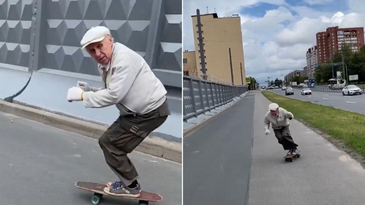 imagini cu un batranel care face senzatie pe internet cu trucurile lui pe skateboard la varsta de