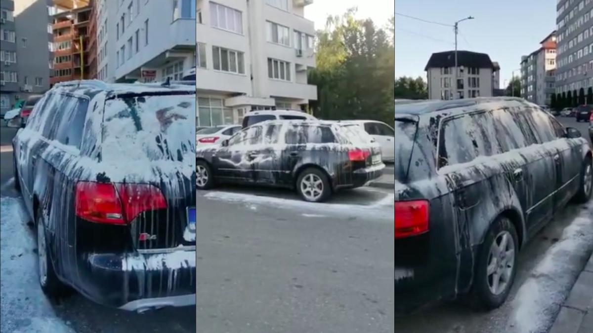 sucevean a gasit masina acoperita cu faina si ou in parcarea blocului