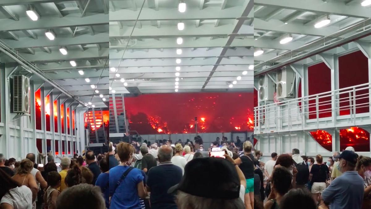 sute de oameni inghesuiti feribot inconjurat de flacari in grecia