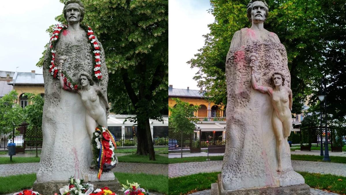 cea mai veche statuie a lui eminescu din romania stricata din cauza unei ghirlande de flori