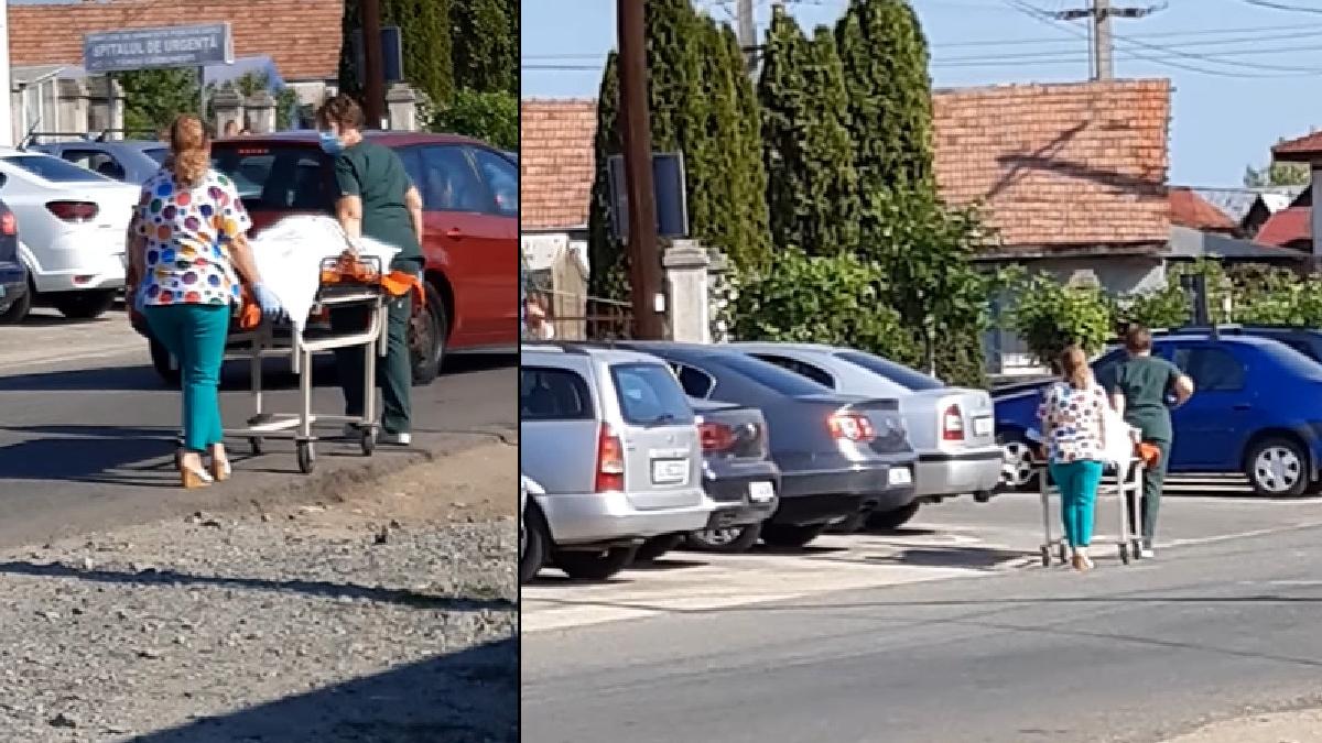 pacient plimbat cu targa pe strada spitalul orasenesc targu carbunesti gorj